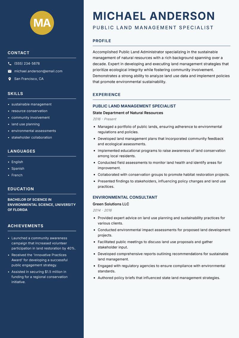 Public Land Administrator resume sample — Public Land Management Specialist focus