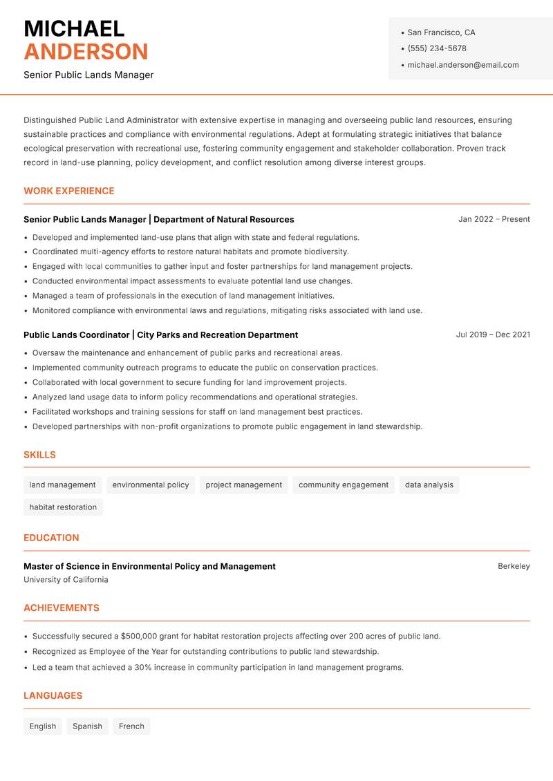 Public Land Administrator resume sample — Senior Public Lands Manager focus