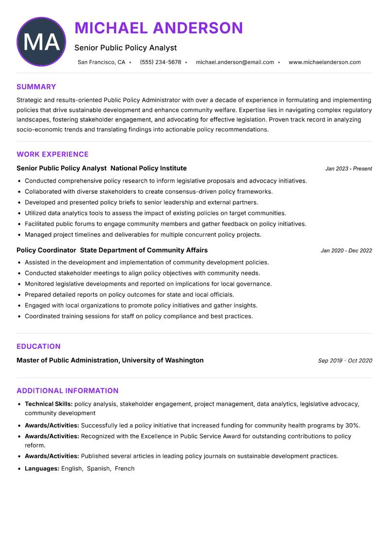 Public Policy Administrator resume example