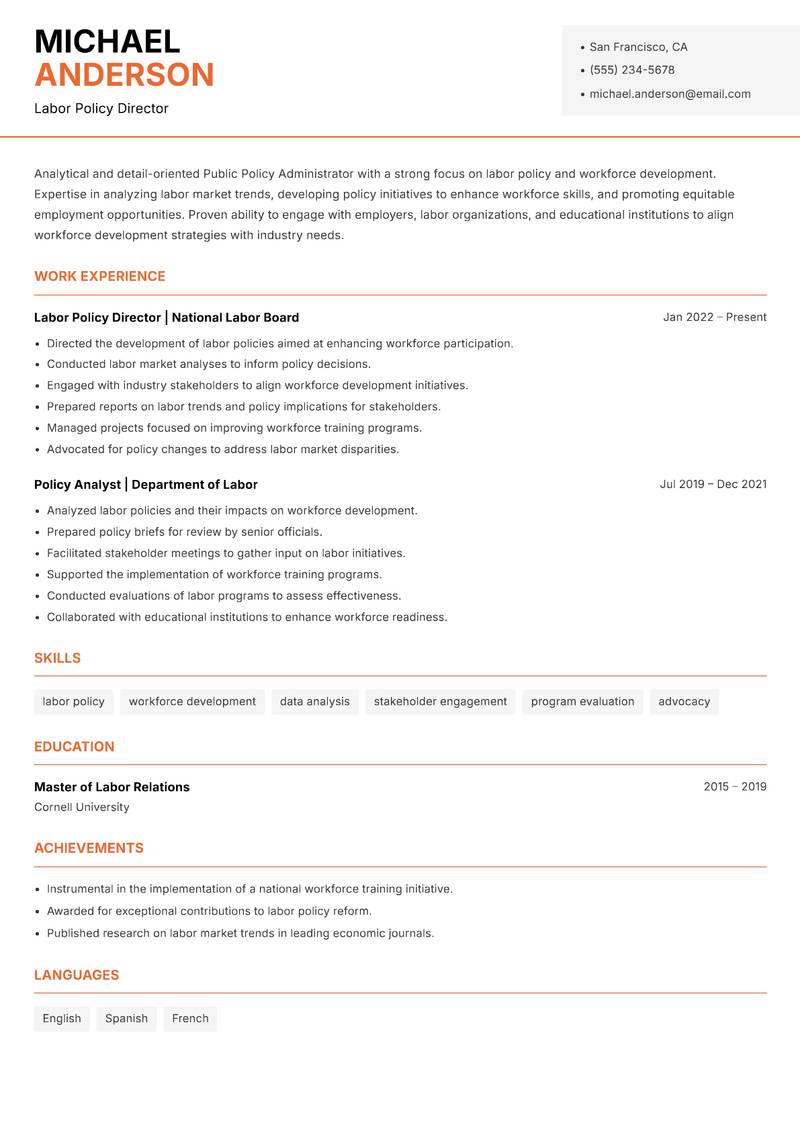 Public Policy Administrator resume sample — Labor Policy Director focus
