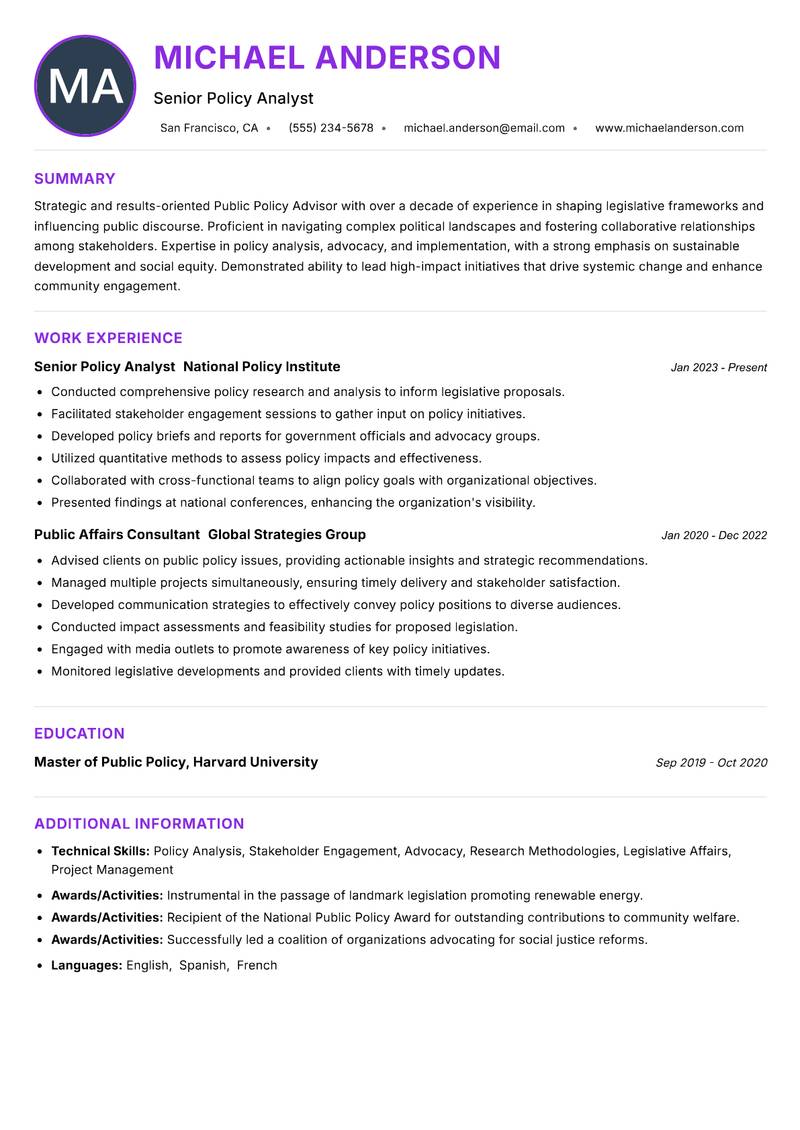 Public Policy Advisor resume example