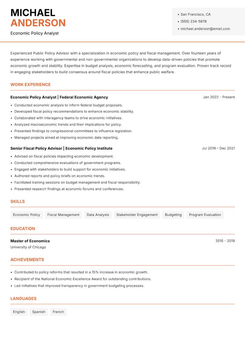 Public Policy Advisor resume sample — Economic Policy Analyst focus