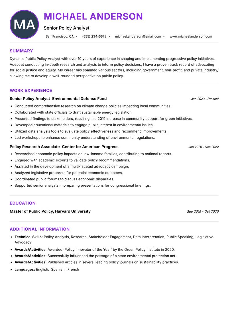 Public Policy Analyst resume example