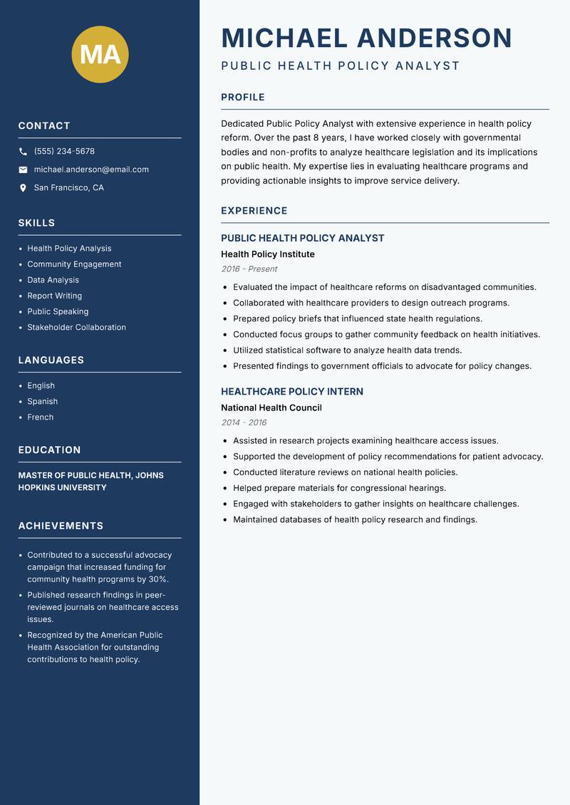 Public Policy Analyst resume sample — Public Health Policy Analyst focus