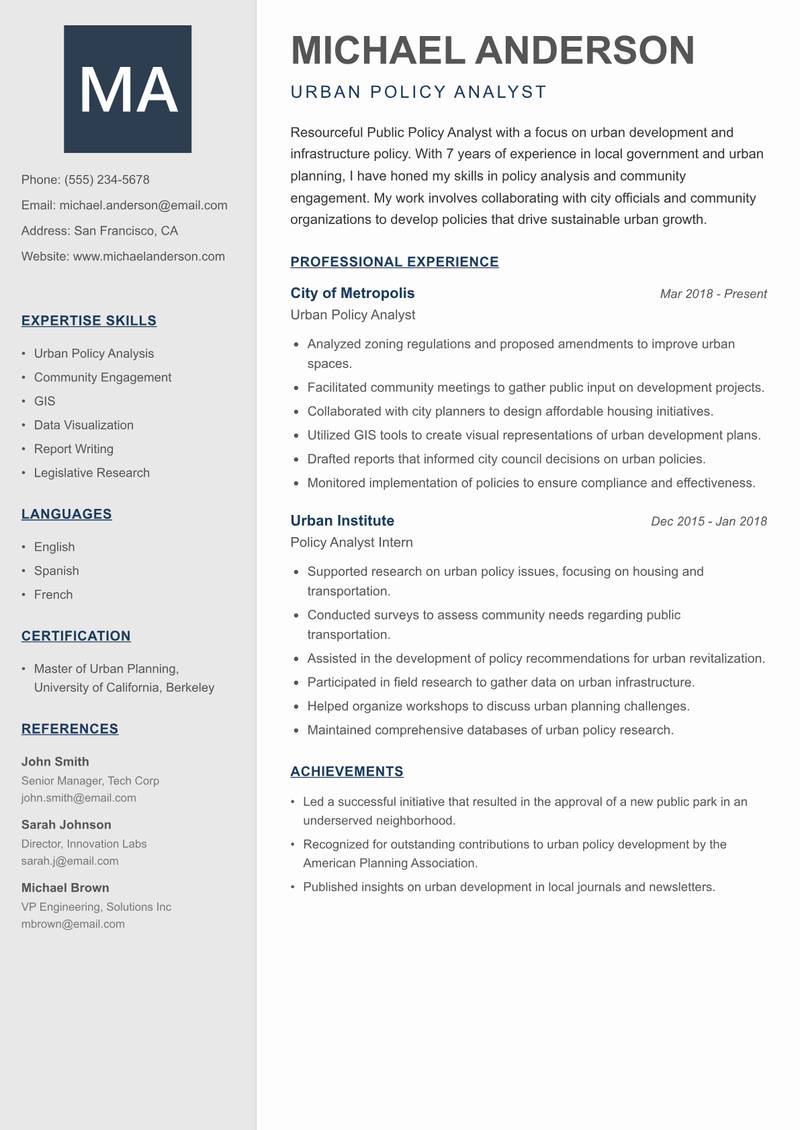 Public Policy Analyst resume sample — Urban Policy Analyst focus