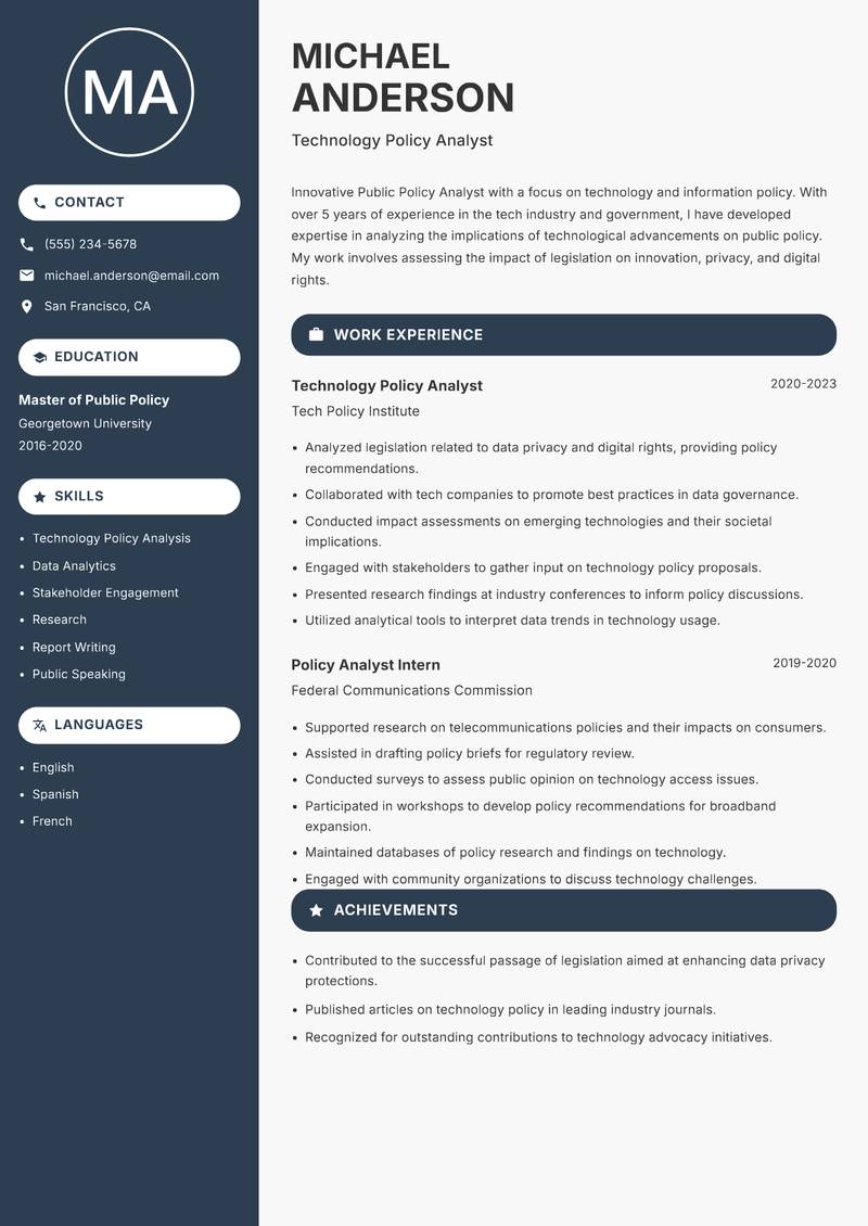 Public Policy Analyst resume sample — Technology Policy Analyst focus