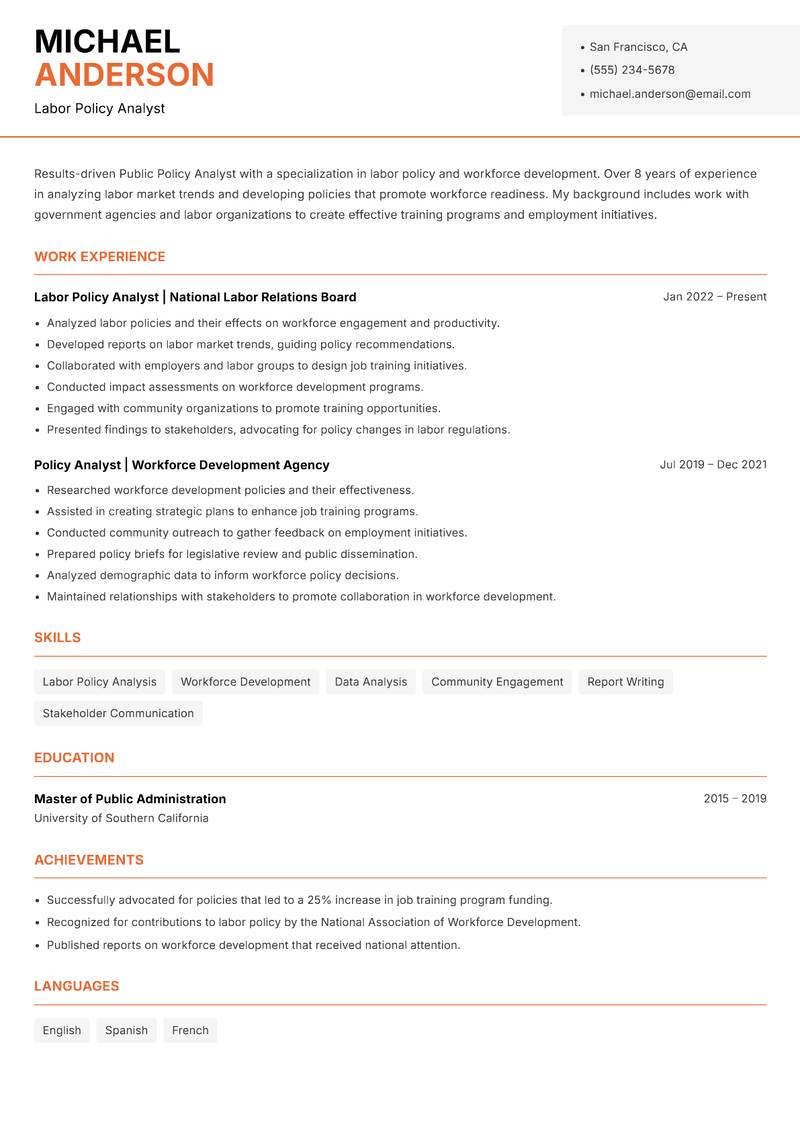 Public Policy Analyst resume sample — Labor Policy Analyst focus