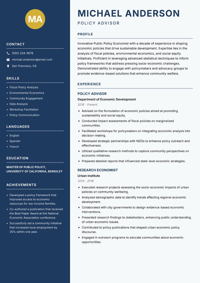 Public Policy Economist resume sample — Policy Advisor focus