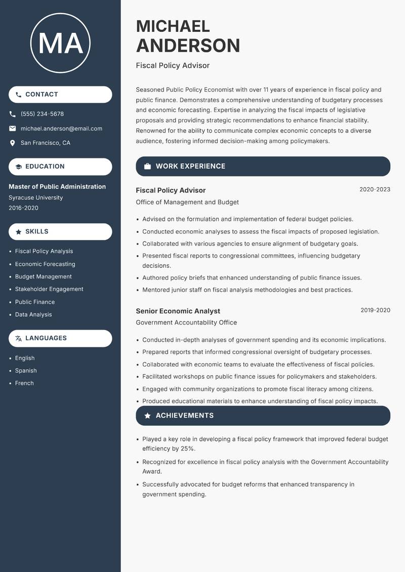 Public Policy Economist resume sample — Fiscal Policy Advisor focus