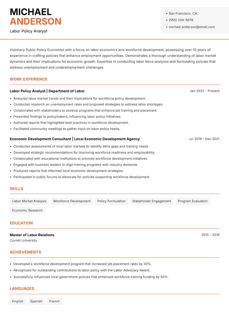Public Policy Economist resume sample — Labor Policy Analyst focus