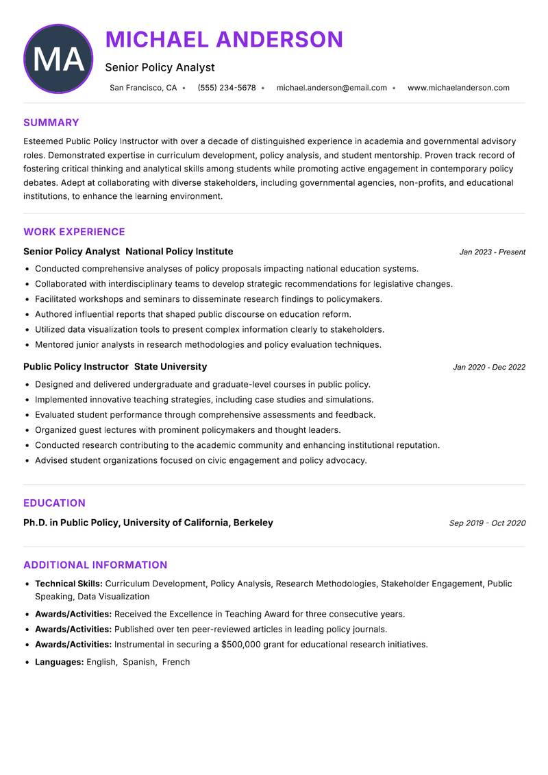 Public Policy Instructor resume example