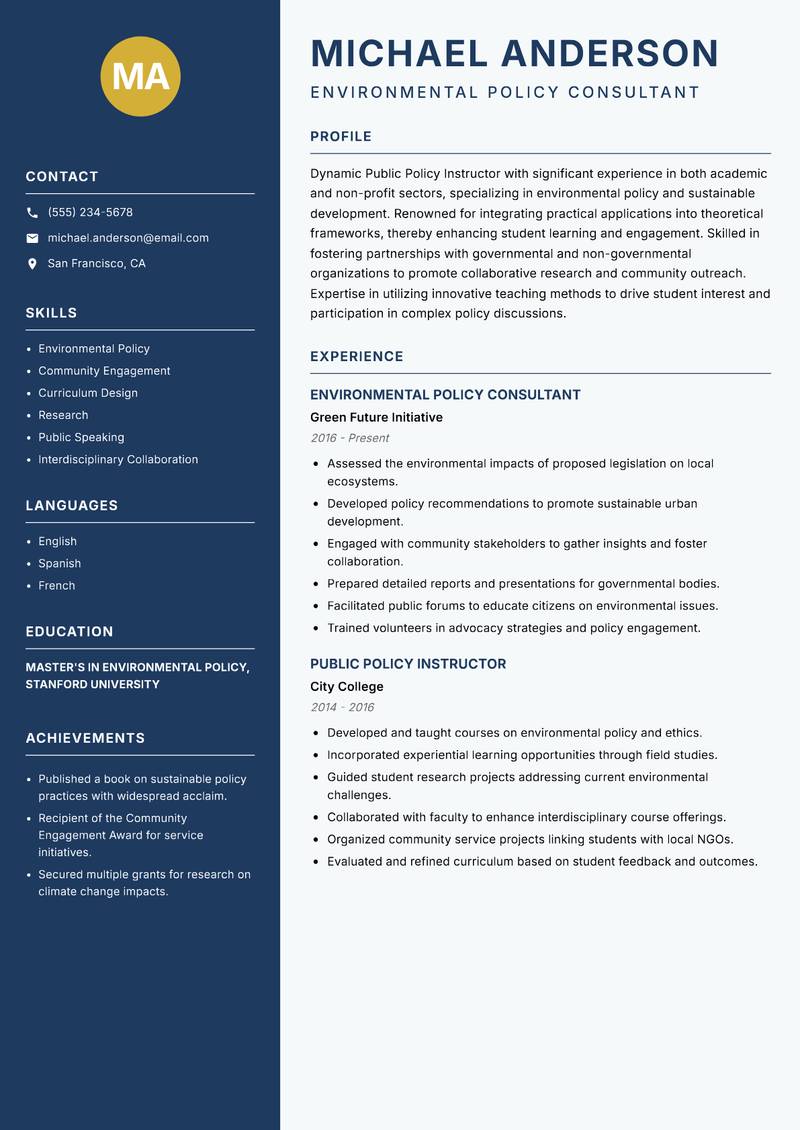 Public Policy Instructor resume sample — Environmental Policy Consultant focus