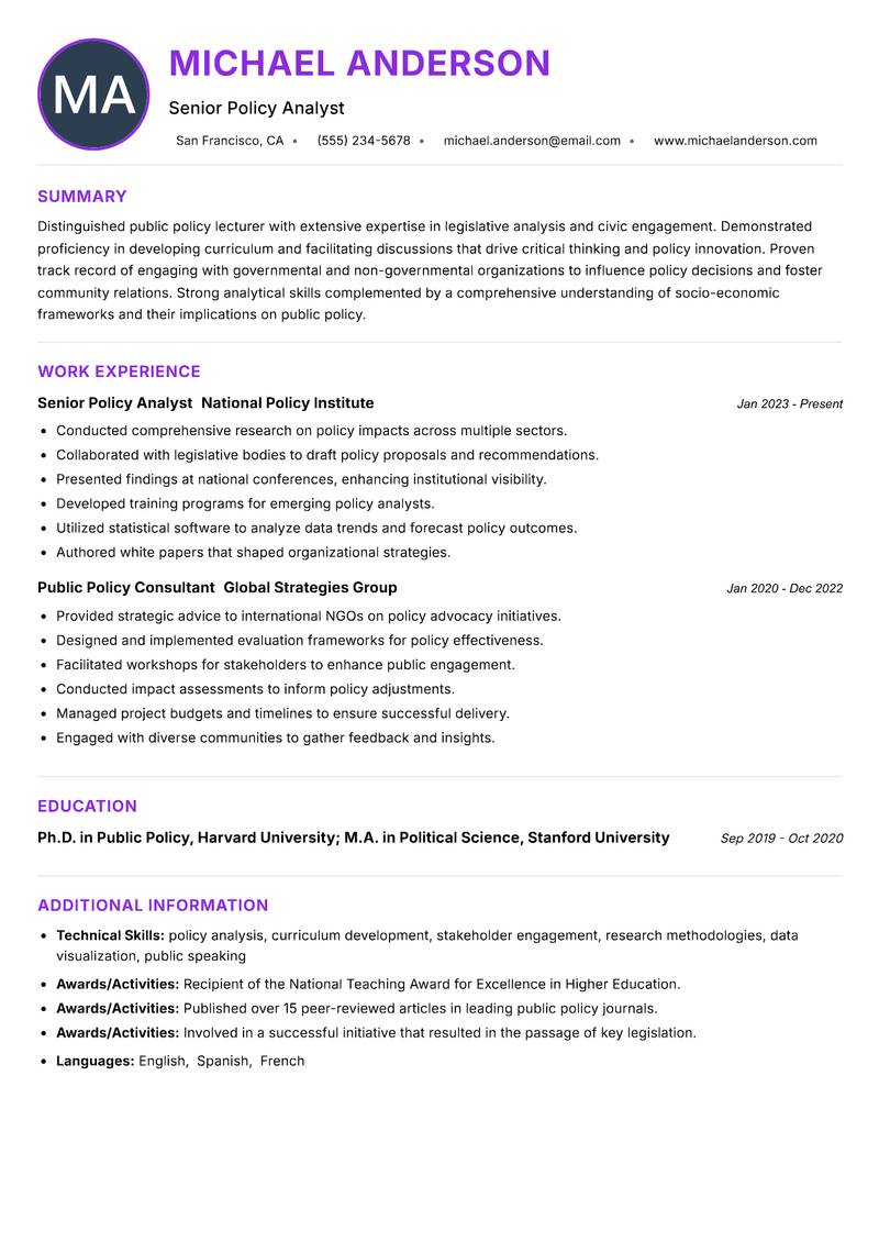 Public Policy Lecturer resume example