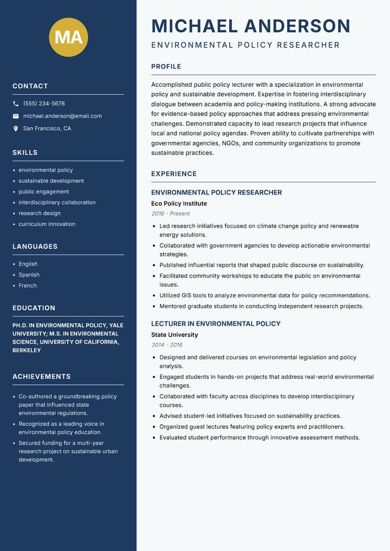 Public Policy Lecturer resume sample — Environmental Policy Researcher focus