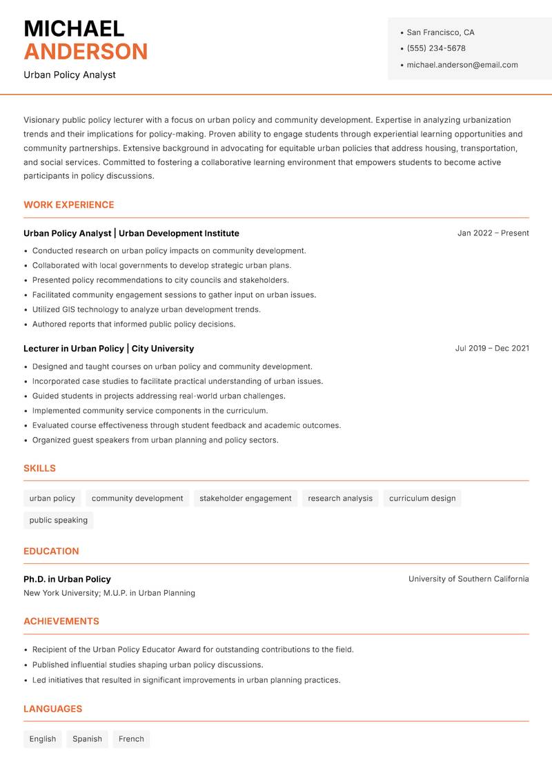 Public Policy Lecturer resume sample — Urban Policy Analyst focus