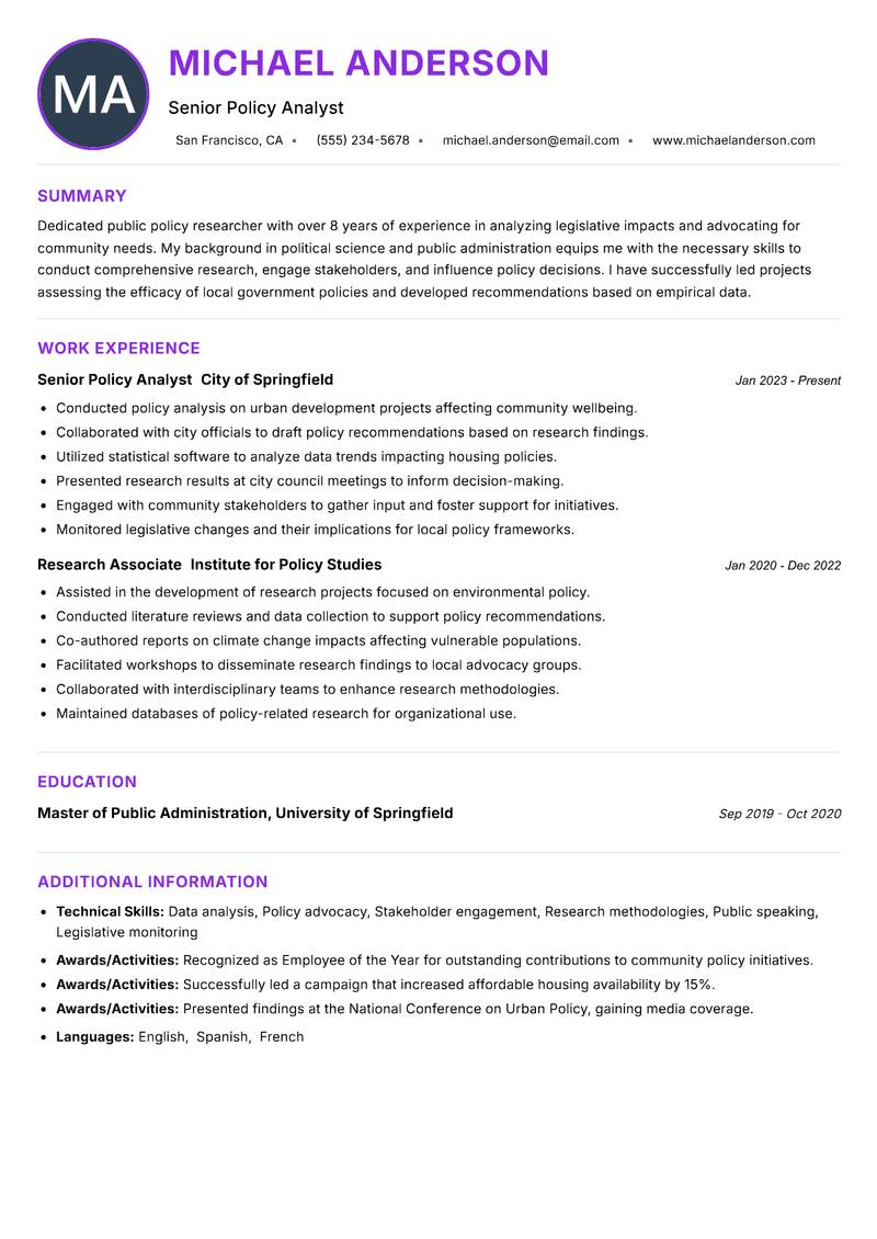 Public Policy Researcher resume example