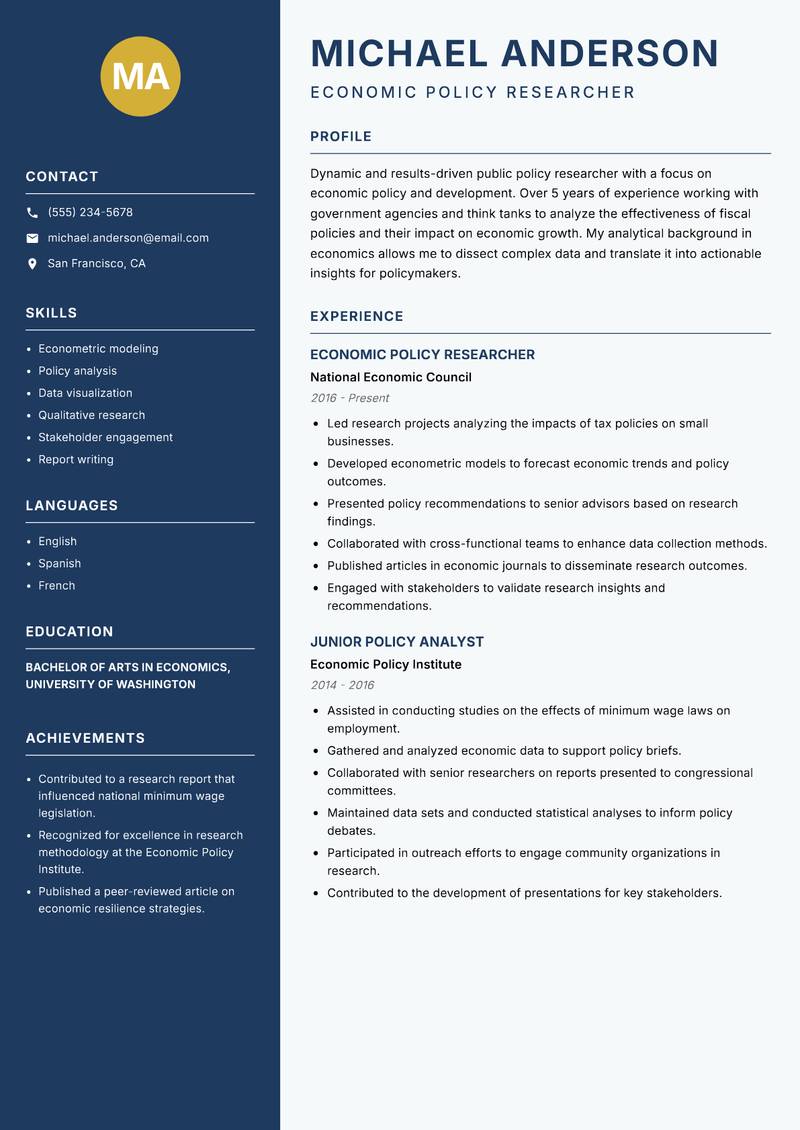 Public Policy Researcher resume sample — Economic Policy Researcher focus