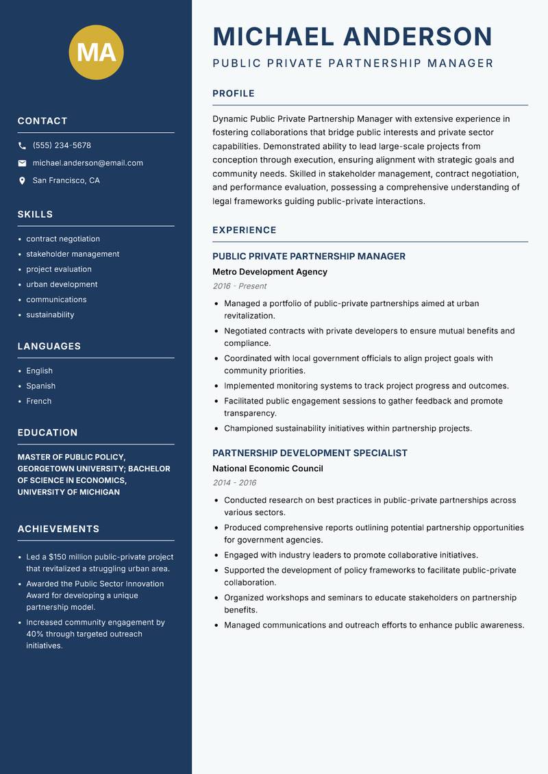 Public Private Partnership Manager resume sample — Public Private Partnership Manager focus