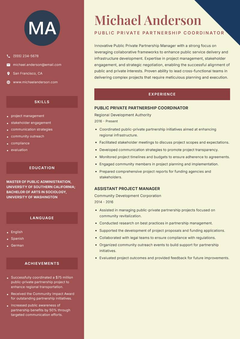 Public Private Partnership Manager resume sample — Public Private Partnership Coordinator focus