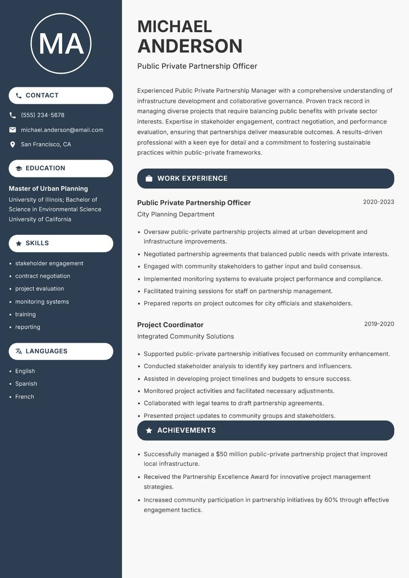 Public Private Partnership Manager resume sample — Public Private Partnership Officer focus