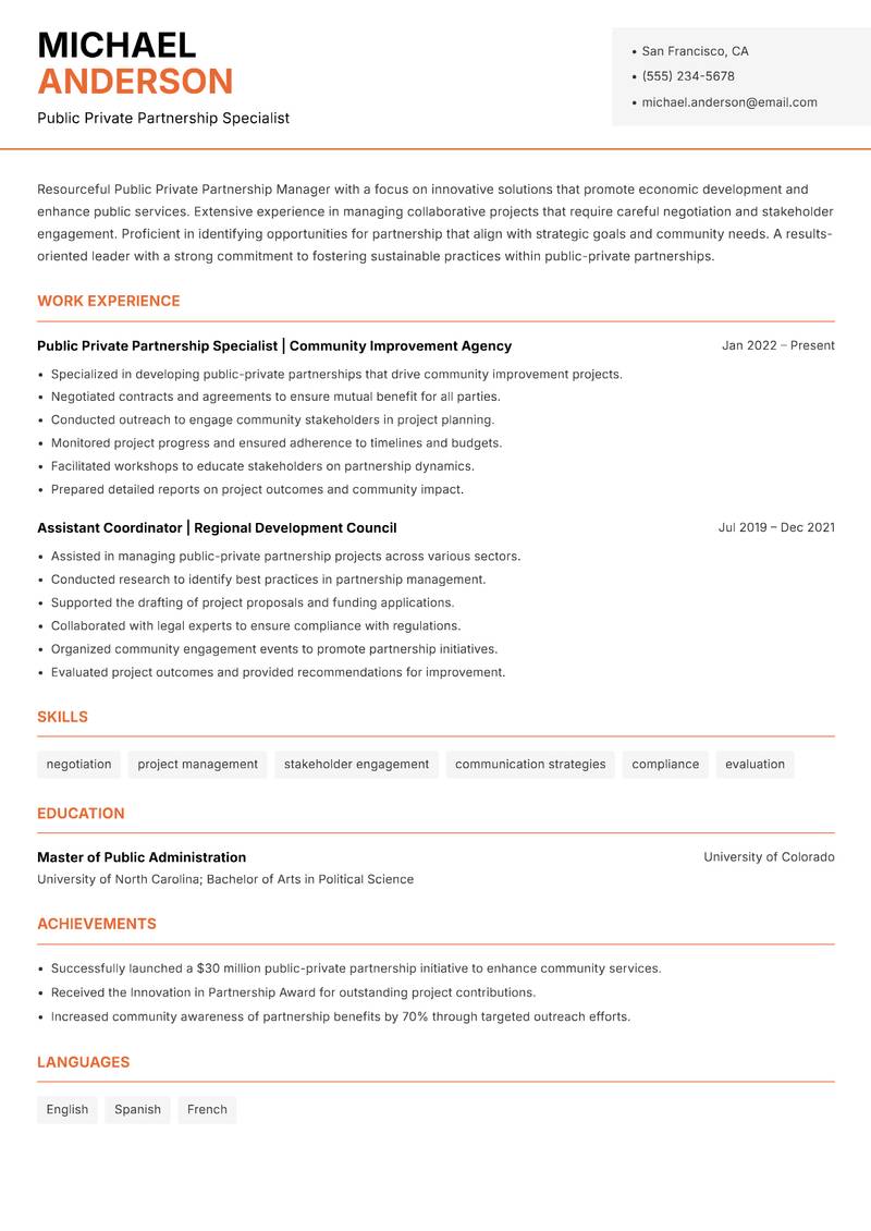 Public Private Partnership Manager resume sample — Public Private Partnership Specialist focus