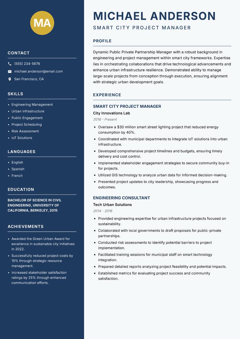 Public Private Partnership Manager Smart Cities resume sample — Smart City Project Manager focus