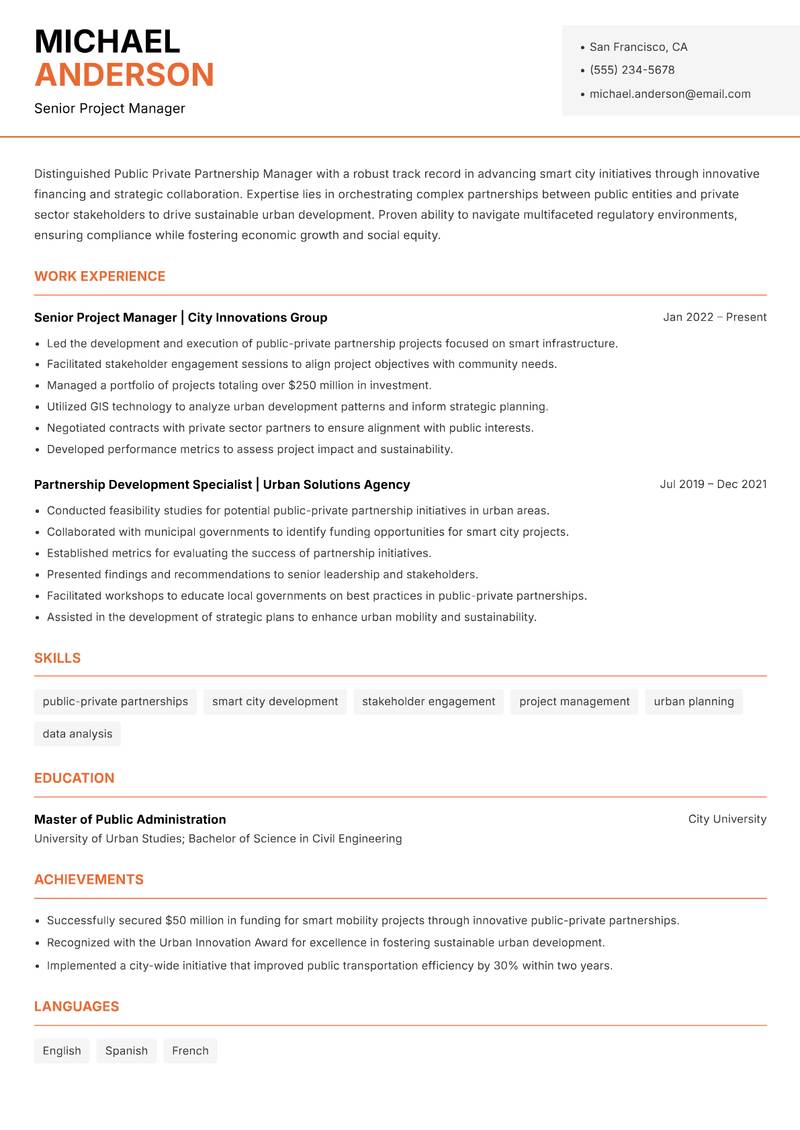 Public Private Partnership Manager Smart Cities resume sample — Senior Project Manager focus