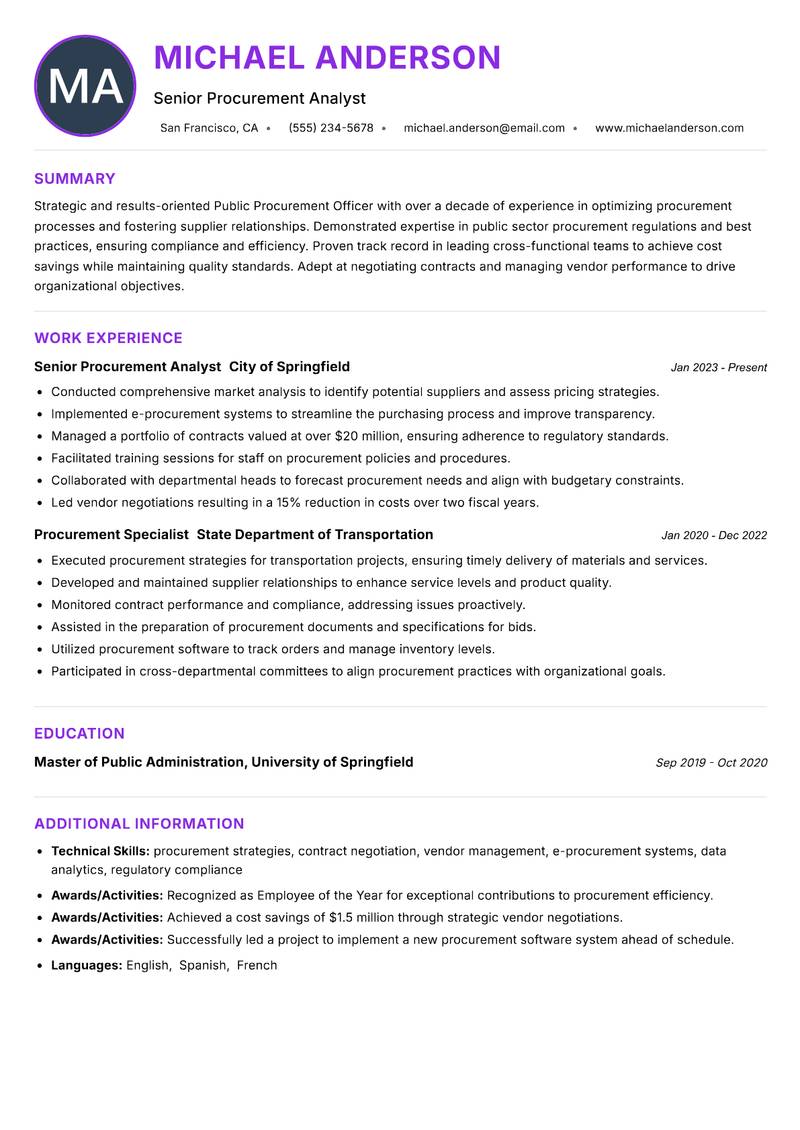 Public Procurement Officer resume example
