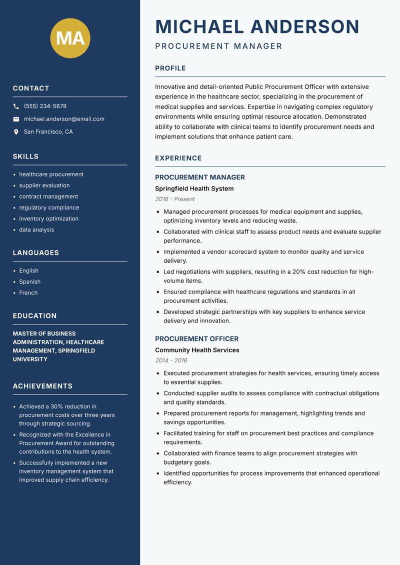 Public Procurement Officer resume sample — Procurement Manager focus