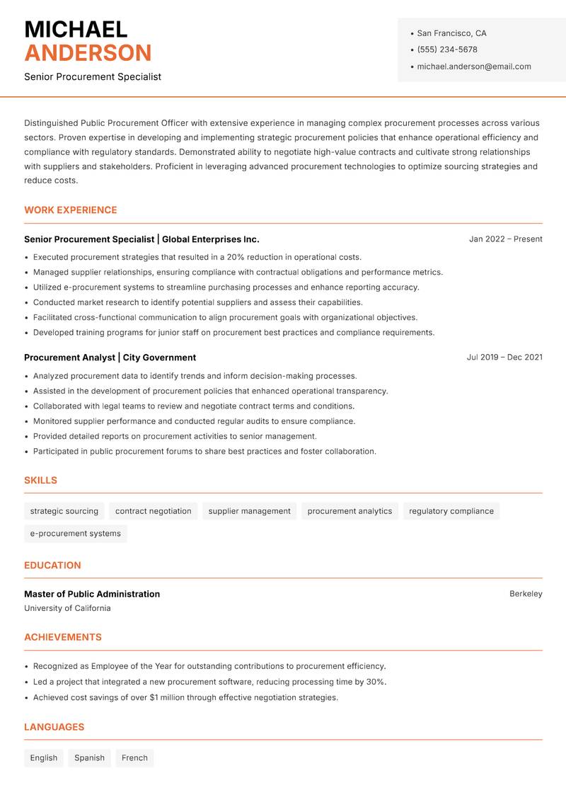 Public Procurement Officer resume sample — Senior Procurement Specialist focus