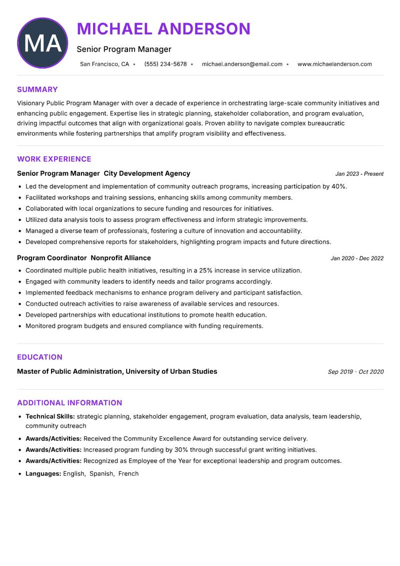 Public Program Manager resume example