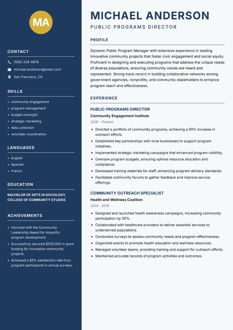 Public Program Manager resume sample — Public Programs Director focus