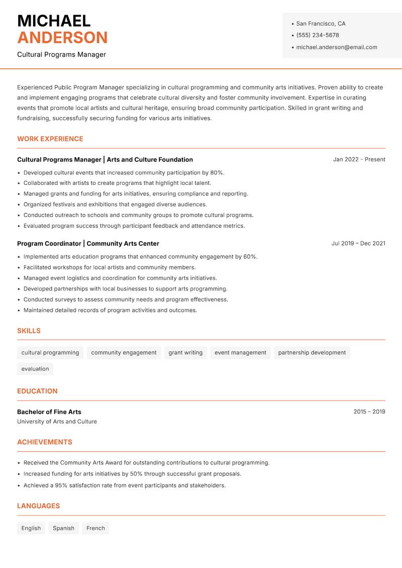 Public Program Manager resume sample — Cultural Programs Manager focus