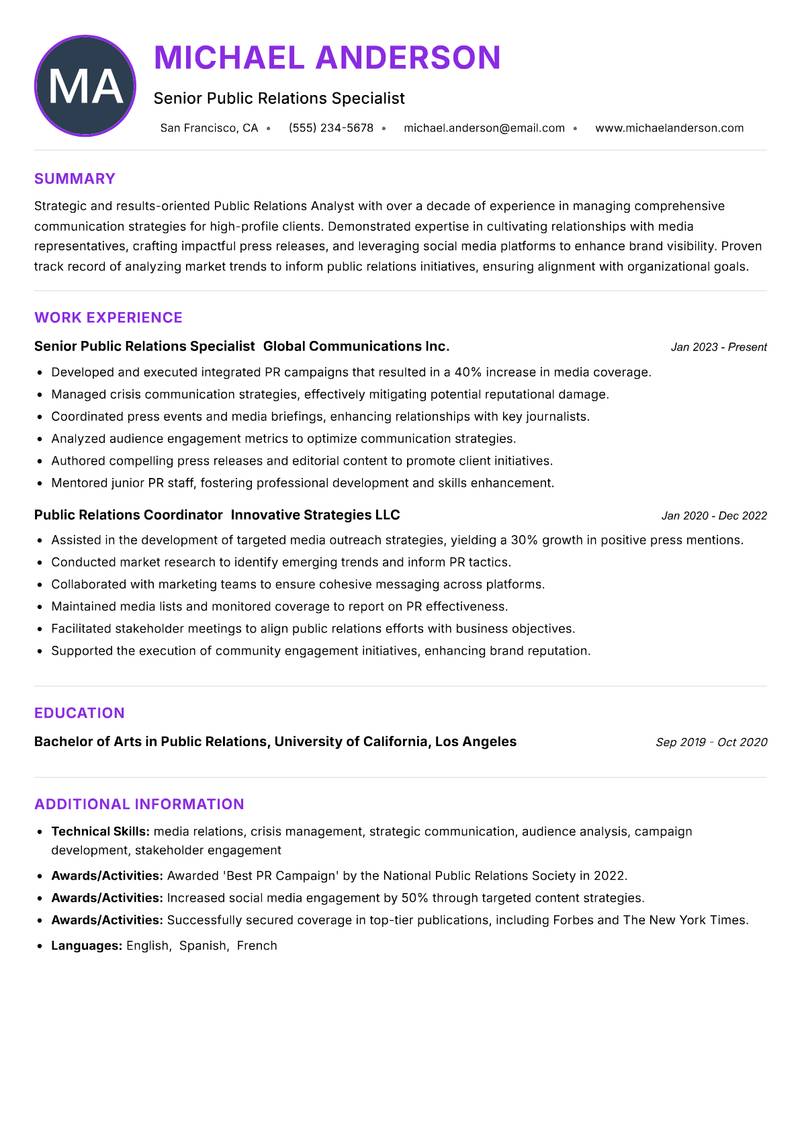 Public Relations Analyst resume example