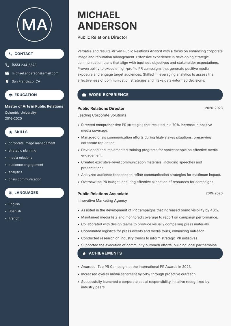 Public Relations Analyst resume sample — Public Relations Director focus