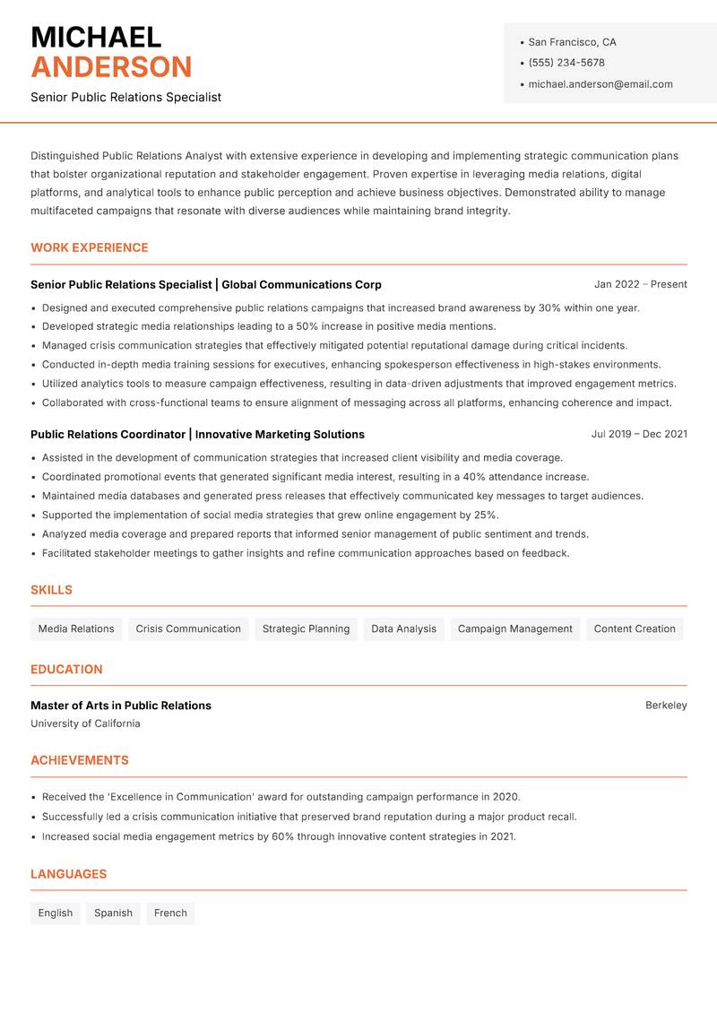 Public Relations Analyst resume sample — Senior Public Relations Specialist focus