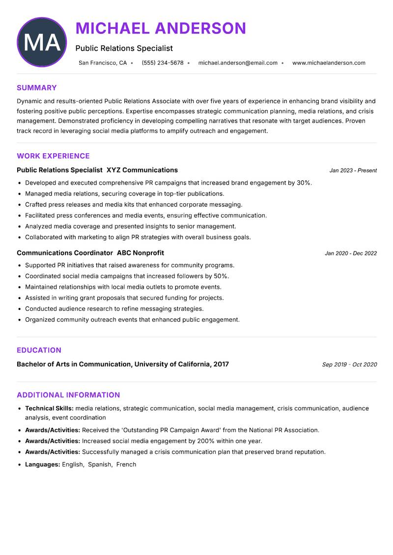 Public Relations Associate resume example