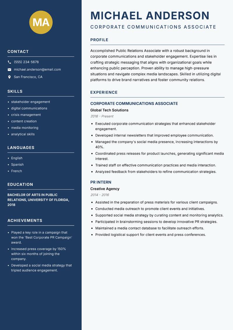 Public Relations Associate resume sample — Corporate Communications Associate focus