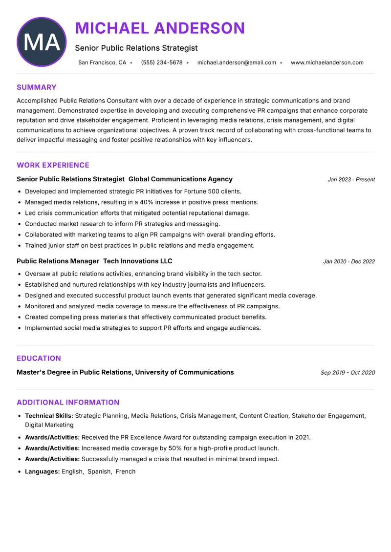 Public Relations Consultant resume example