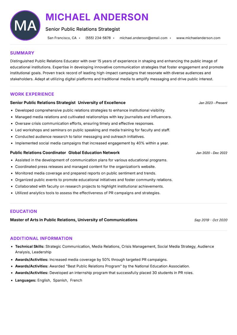 Public Relations Educator resume example