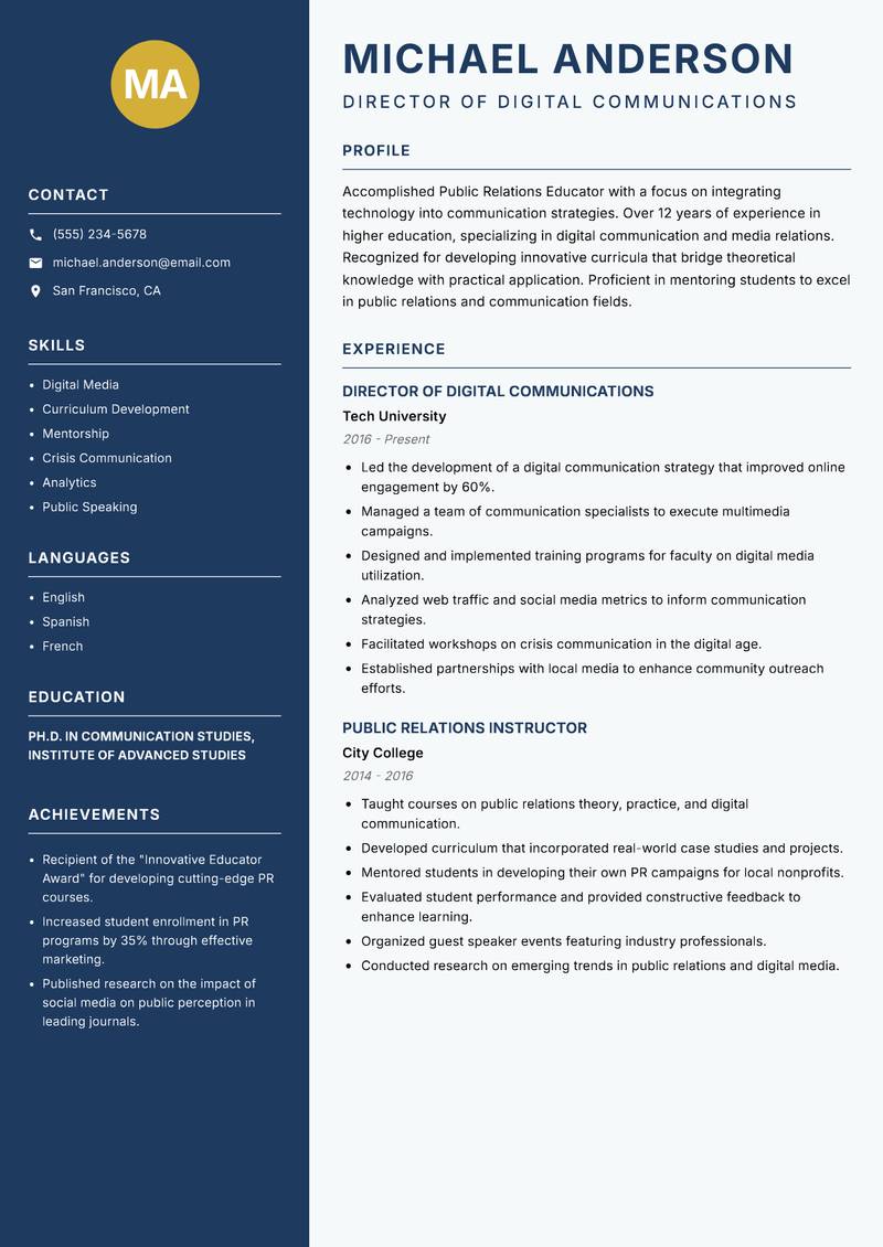 Public Relations Educator resume sample — Director of Digital Communications focus
