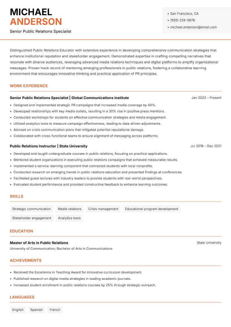 Public Relations Educator resume sample — Senior Public Relations Specialist focus