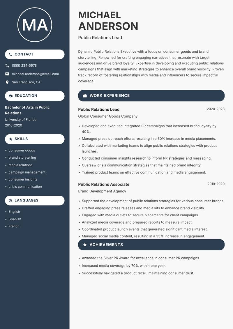 Public Relations Executive resume sample — Public Relations Lead focus