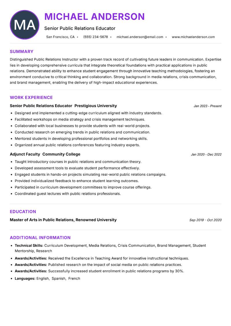 Public Relations Instructor resume example