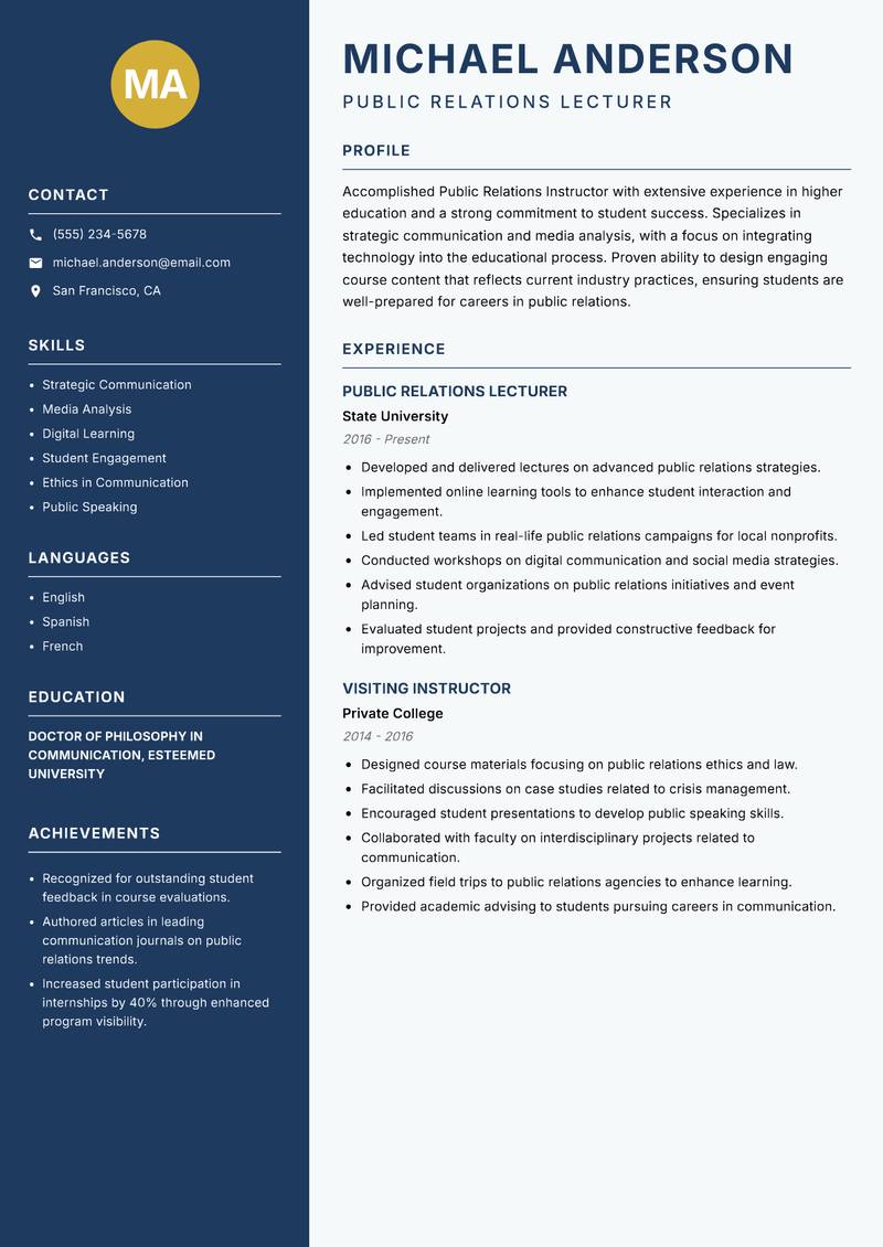 Public Relations Instructor resume sample — Public Relations Lecturer focus