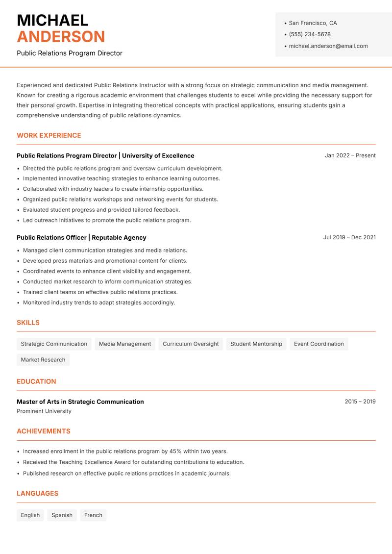 Public Relations Instructor resume sample — Public Relations Program Director focus