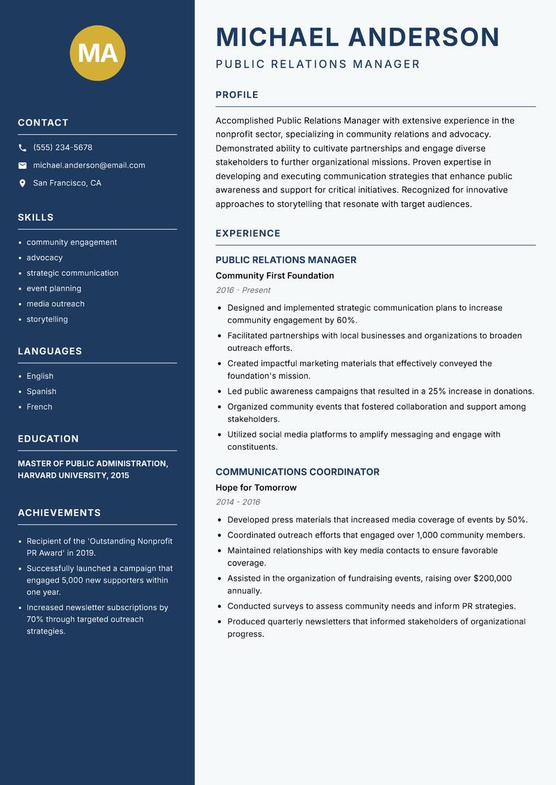 Public Relations Manager resume sample — Public Relations Manager focus