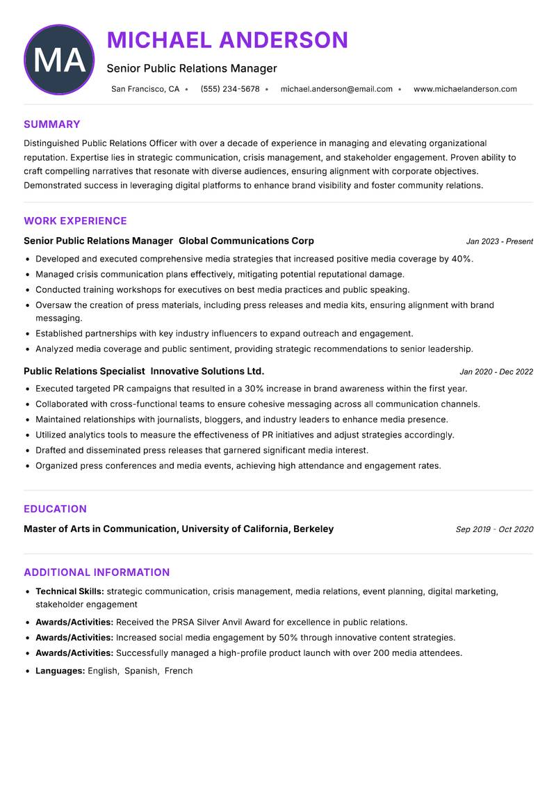 Public Relations Officer resume example