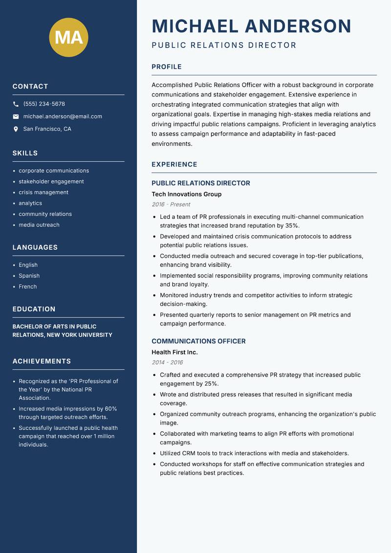 Public Relations Officer resume sample — Public Relations Director focus