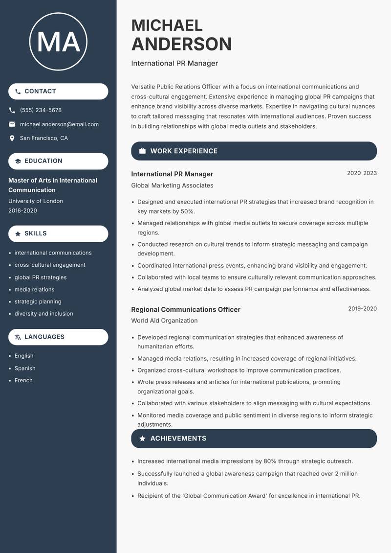 Public Relations Officer resume sample — International PR Manager focus